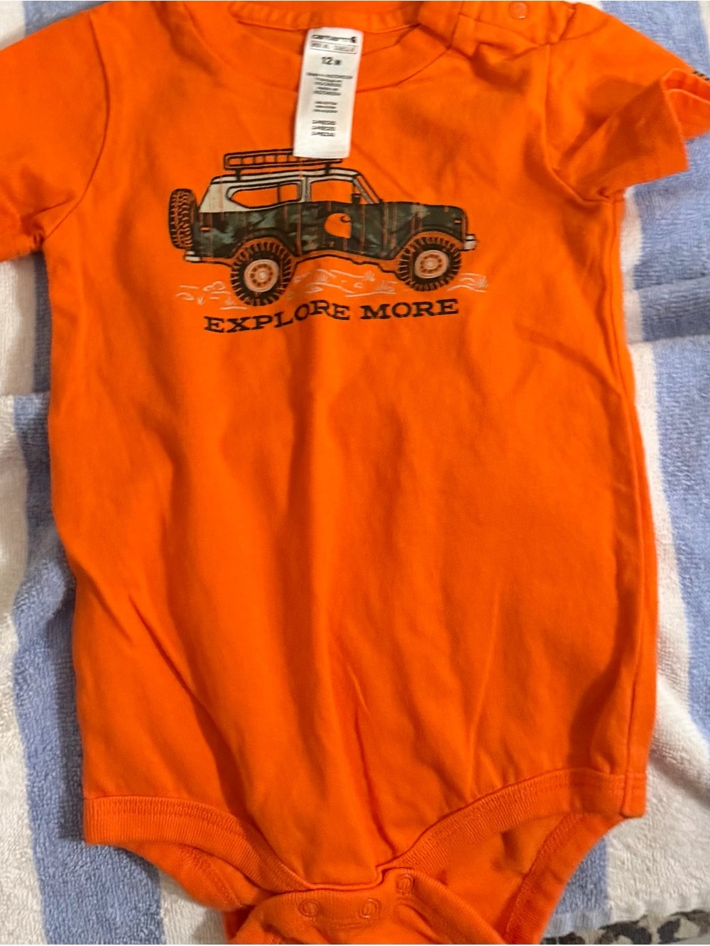 Carhartt Size 12 Months Orange Baby Onesie with Camo Jeep Graphic